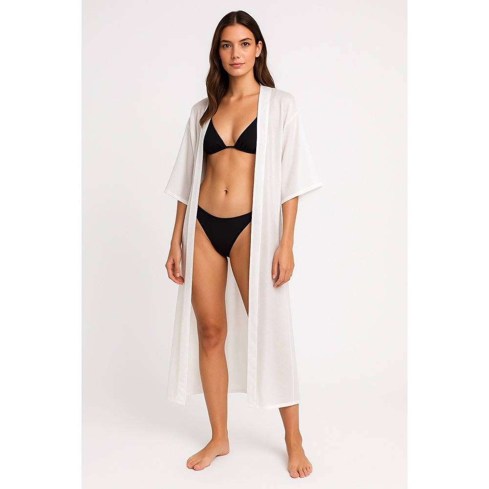 A.peach White Sheer Swim Cover Up Kimono‎ Duster Open Front Lightweight Small